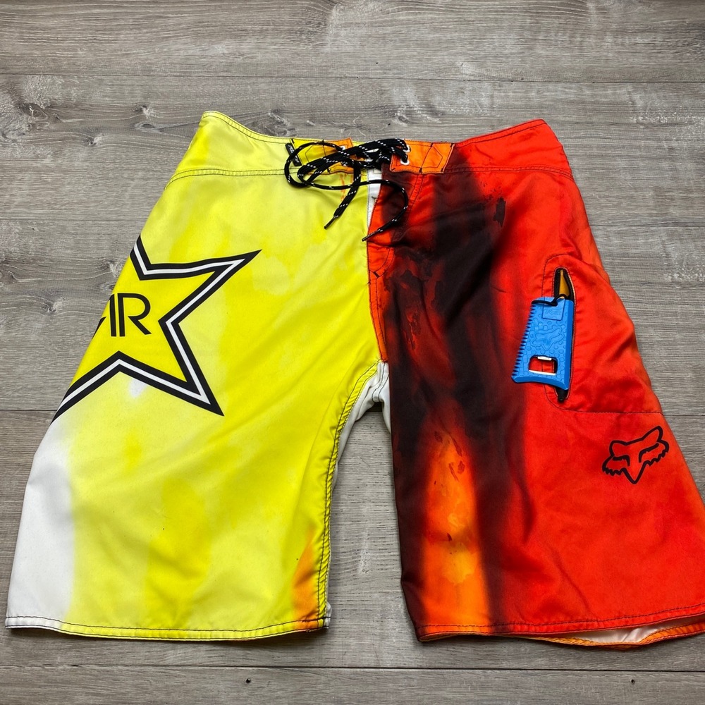 Fox Racing Board Shorts Mens 31‎ Yellow Orange Rockstar Energy Swim Trunks Surf
